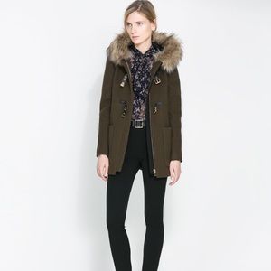 Zara Khaki Duffle Coat with Faux Fur Hood